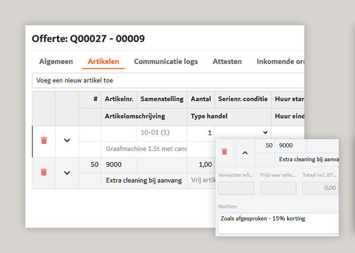 Plaats verkoop en vrije artikelen op een offerte