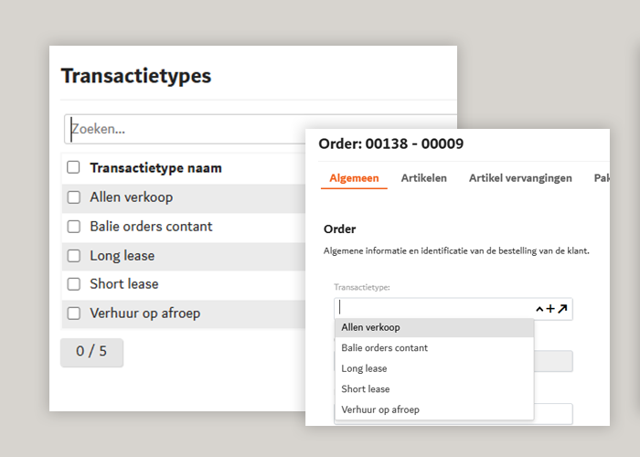 Transactietype definitie en selectie op een order